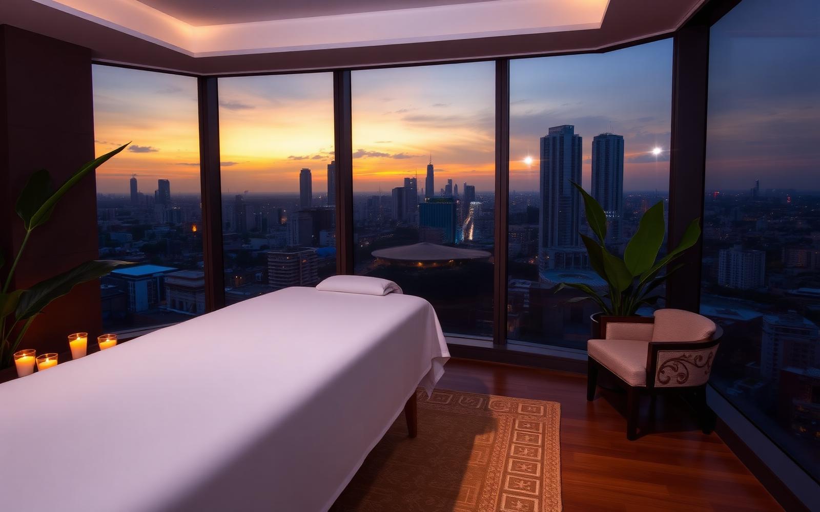 Massage table set up in a luxury hotel suite at dusk