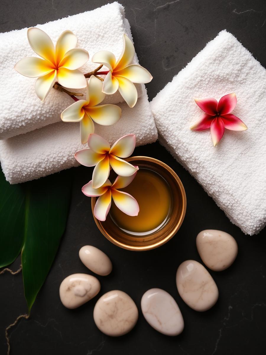 Spa flatlay with frangipani flowers and warm oil