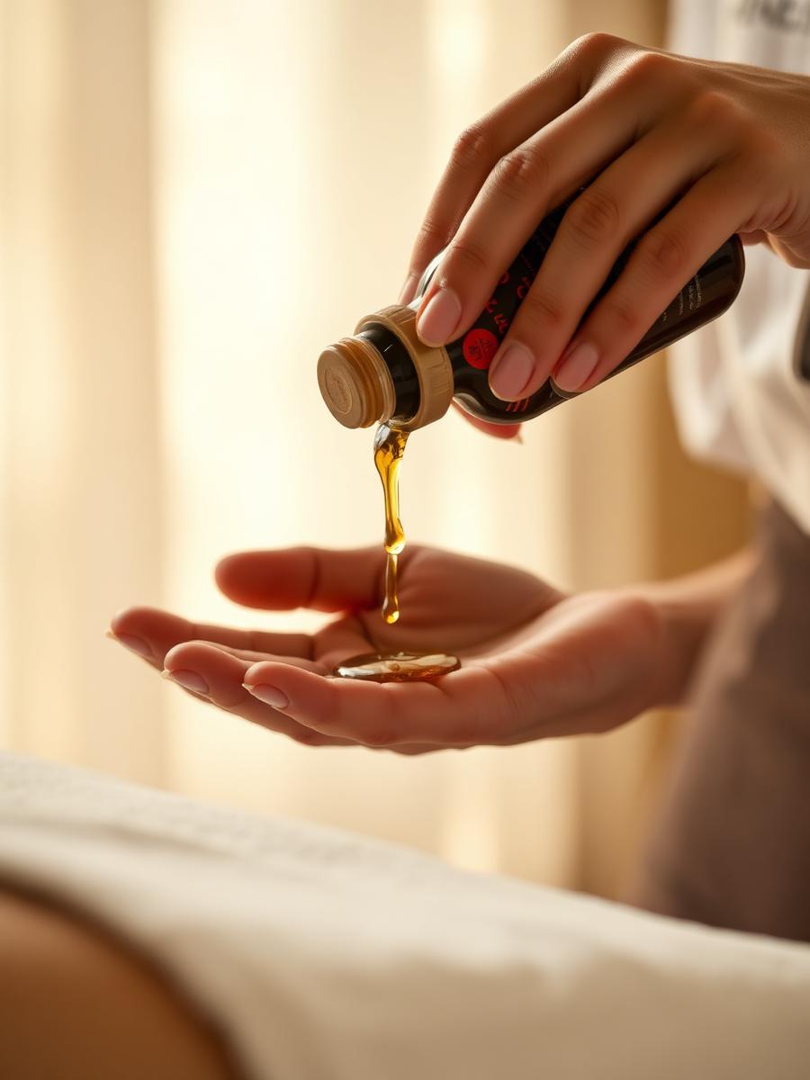 Therapist pouring warm aromatic oil